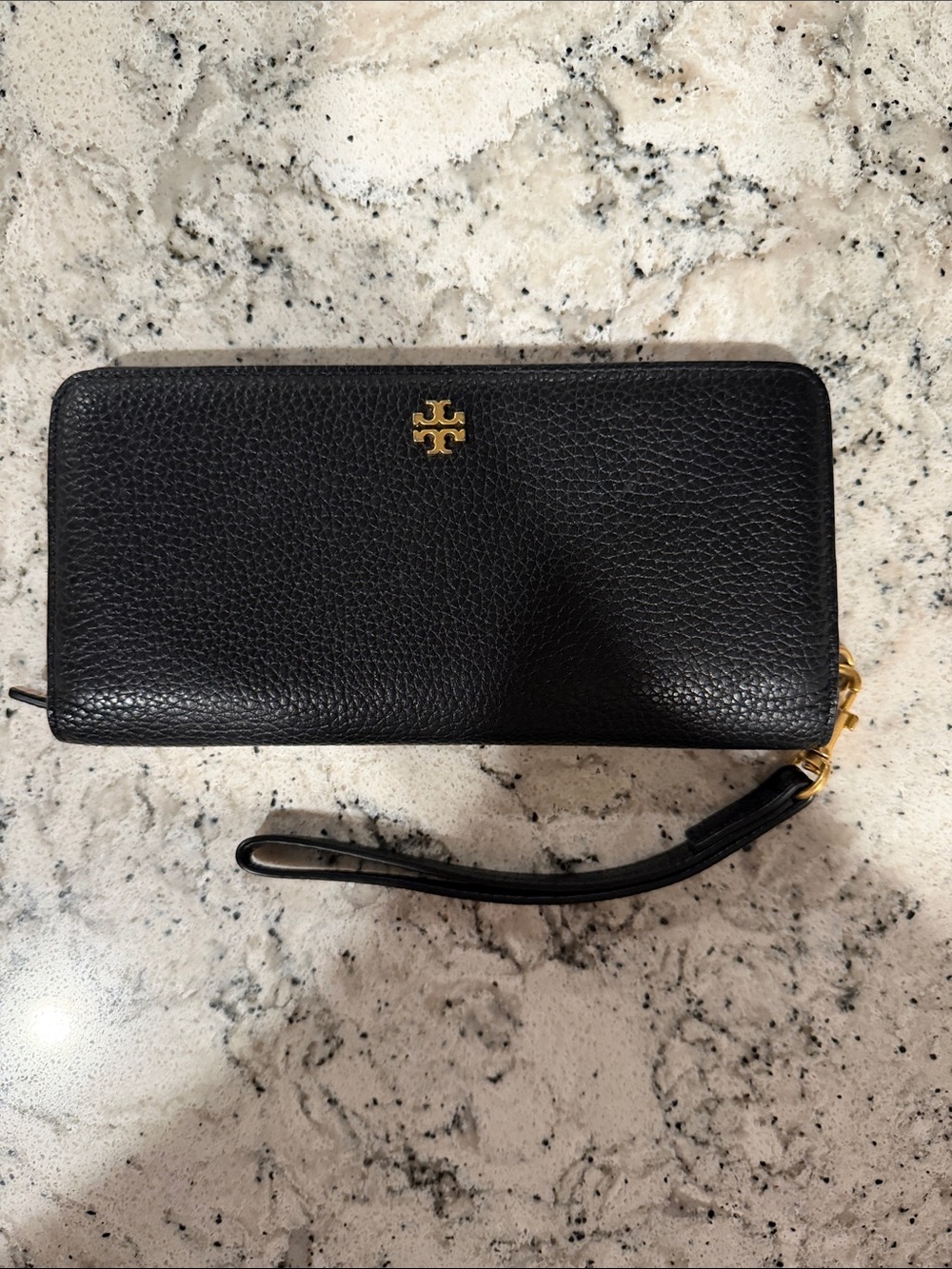 Tory Burch Black Pebbled Leather Zip Wristlet with Gold Logo